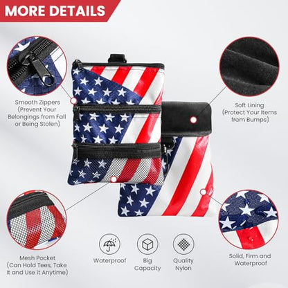 Amy Sport Golf Bag Accessories Valuables Pouch Bags Multi Pocket Zipper Hook with 10 Pcs Wood Golf Tees for Men Women - color: USA Flag