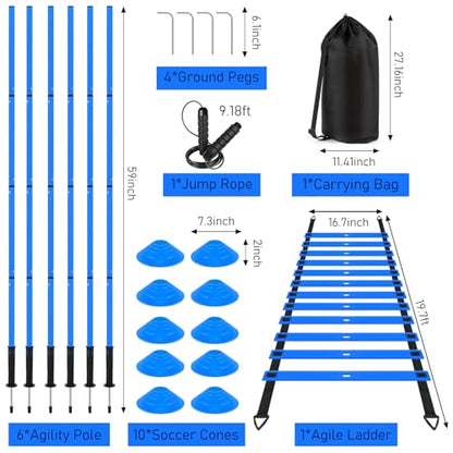 Soccer Agility Training Equipment: 6 Soccer Agility Poles, 20ft Agility Ladder, 10 Soccer Cones, 1 Jump Rope. Soccer Training Poles for Speed Training, Agility Training - color: blue