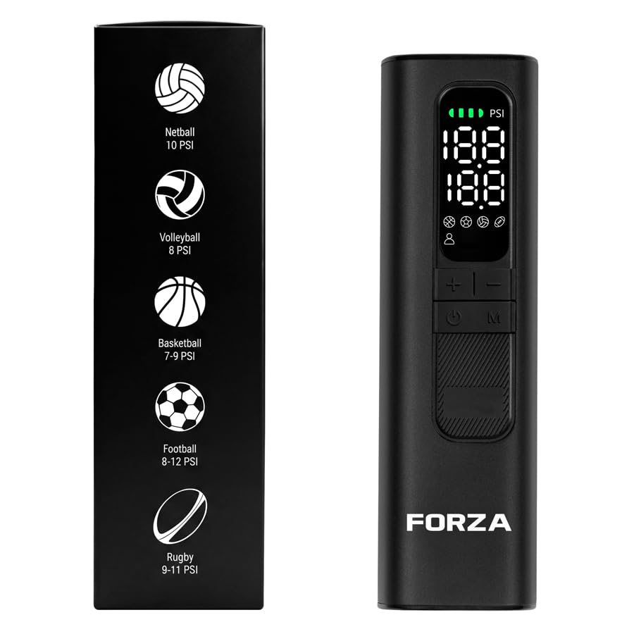 FORZA Digital Ball Pump │Rechargeable Electric Air Pump with LED Torch | Portable Sports Ball Inflator with Needles, Flex Hose, USB Charging Cable and Carry Case - style: Digital Ball Pump