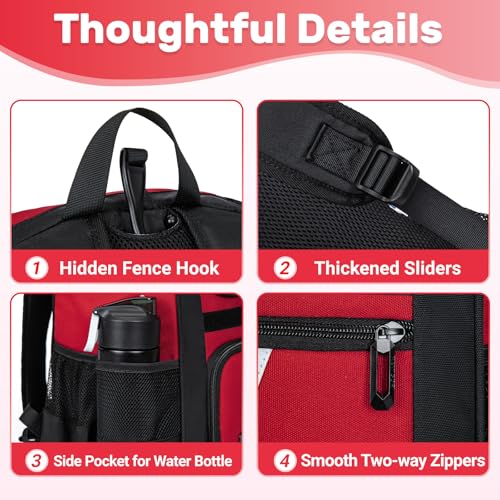 KAVIGOR Youth Baseball Bag, Softball Bag for Girls & Boys, Kids Tball Backpack with Shoes Compartment - color: Red