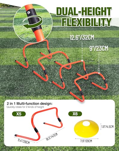 Agility Hurdles,9"-12.6" Adjustable Speed Training Hurdles for Football, Basketball, Soccer Hurdles Training Equipment Set of 6 Cones Set - color: Orange 5 Pack