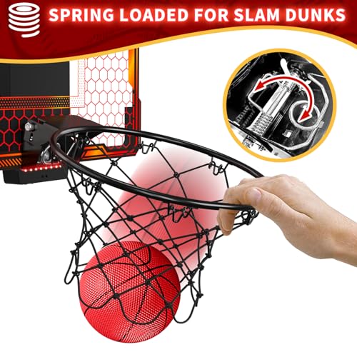 HYES Basketball Hoop Indoor, Mini Basket Ball Hoop with 7 LED Lighting, Scoreboard, Over Door Basketball Hoop with 3 Modes, Volume Adjustable, Foldable, Basketball Toys Gifts for Kids Adults - size: red- with remote controller