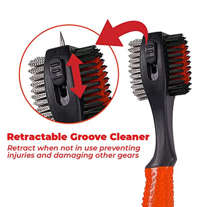 Retractable Golf Club Brush | Oversize Double Brush & Ergonomic Grip & Retractable Groove Cleaner & Lanyard - color: Red