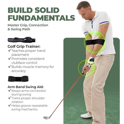 6-in-1 Golf Swing Trainer with Divot Board, Golf Grip Trainer, Alignment Sticks and Training Aid | Golf Accessories for Men & Women | Hitting Mat Practice Indoor & Outdoor