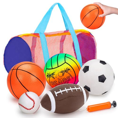 5 Pack Sports Balls for Toddlers 1-3 Outdoor Toys Football Soccer Basketball Baseball with Bag 1 2 Year Old Boy Toys Sport Bouncy Pool Balls Outside Playground Toddler 1-3 2-4 3-5 Birthday Boys Gifts