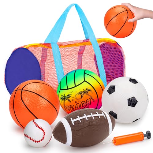 5 Pack Sports Balls for Toddlers 1-3 Outdoor Toys Football Soccer Basketball Baseball with Bag 1 2 Year Old Boy Toys Sport Bouncy Pool Balls Outside Playground Toddler 1-3 2-4 3-5 Birthday Boys Gifts