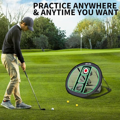 Golf Chipping Net and Mat Set - Pop Up Foldable Indoor Training Target with 2 Hitting Mats and 12 Practice Balls - Gifts for Men, Golfers, Teenage Boys