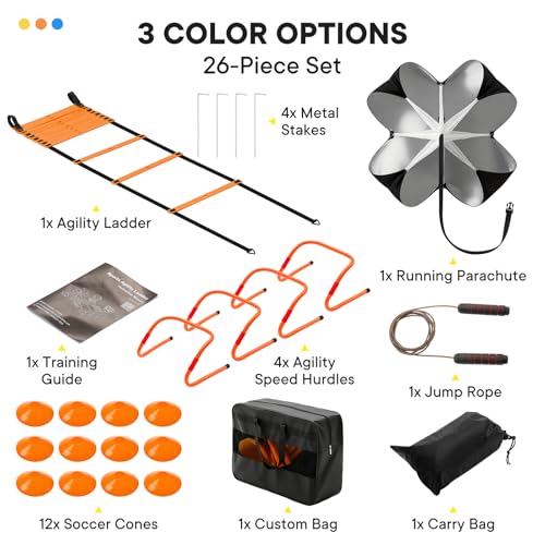 OLIXIS Agility Ladder, Soccer Training Equipment Set, 20 ft Speed Ladder, 12 Soccer Cones, 4 Agility Hurdles, Jump Rope, Resistance Parachute Agility Training Equipment for Kids, Youth, Adults, Orange