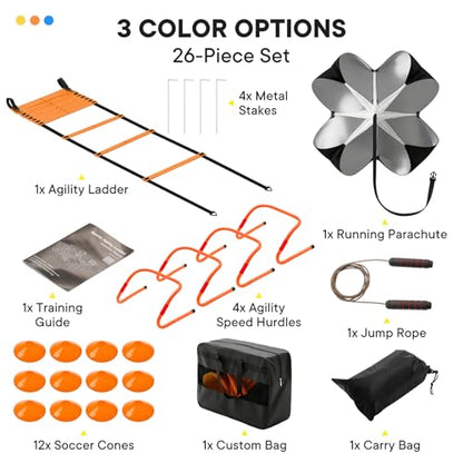 OLIXIS Agility Ladder, Soccer Training Equipment Set, 20 ft Speed Ladder, 12 Soccer Cones, 4 Agility Hurdles, Jump Rope, Resistance Parachute Agility Training Equipment for Kids, Youth, Adults, Orange