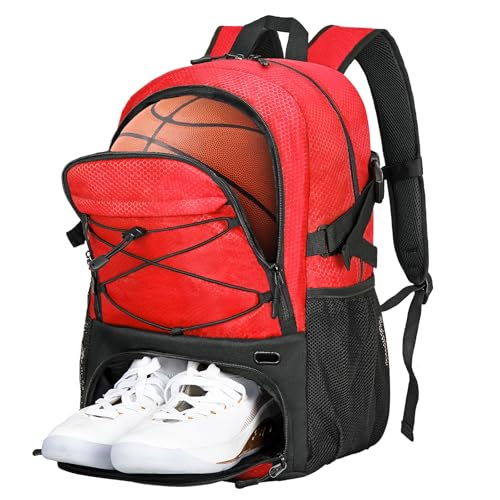 Goloni Basketball Backpack Bag,35L Basketball Bag with with Separate Ball & Shoe Compartments,Large Sports Bag for Basketball - color: Red