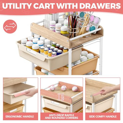 SYKIARIOL Rolling Cart with 6 Drawers,Utility Storage Cart with Drawers,Art Craft Organizers and Storage,Makeup Organizer with Wooden Tabletop,Rainbow