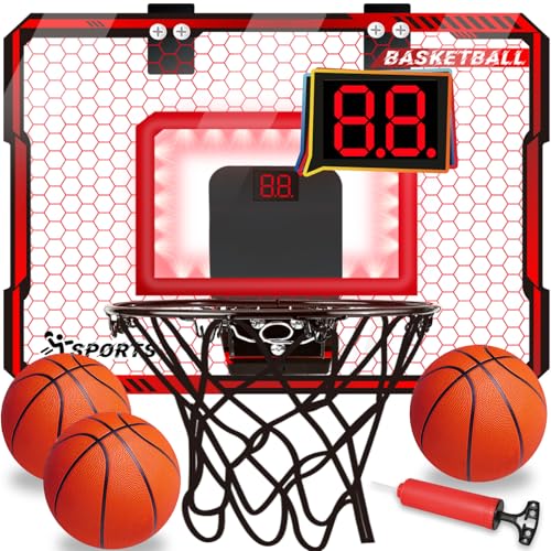 NEUBSAW Basketball Hoop Indoor with LED Lights, Basketball Toys Gifts for 5 6 7 8 9 10+ Year Old Boys Kids, Indoor Over The Door Mini Basketball Hoops with Electronic Scoreboard & 3 Balls - color: Red