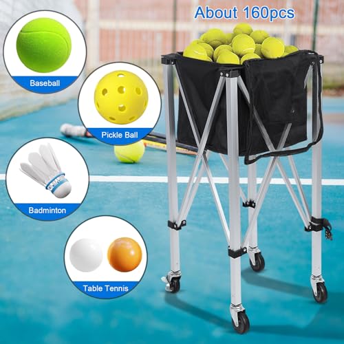 Tennis Hopper, Foldable Tennis Ball Cart with Wheels, Portable Lightweight Holds Removable Bag 160 Balls Tennis Ball Hopper, Sports Teaching Cart Tennis Ball Basket 1 Set