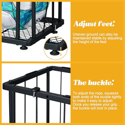Garage Ball Storage Wall-Mounted & Floor Sports Equipment Organizer: Sports Ball Rack with Elastic Rope, Holder for Basketball, Soccer, Volleyball, Football, Garage, Gym, Black(Patent Pending) - size: Small, style: With Adjuster Foot,Rectangle