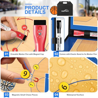 Magnetic Basketball Coaching Board | Foldable Leather Basketball Clipboard Kit for Coaches | Professional Basketball Tactic Board | Dry Erase Strategy Whiteboard | Carry Handle | Lightweight