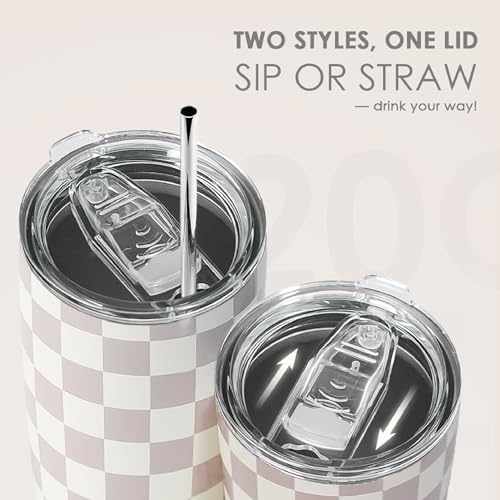 SANDJEST Checkered Tumbler 20oz Stainless Steel Insulated, Checker Travel Coffee Cup, Bow Gifts for Women Girls Teen, Birthday Christmas (Beige) - color: Checker (Beige)