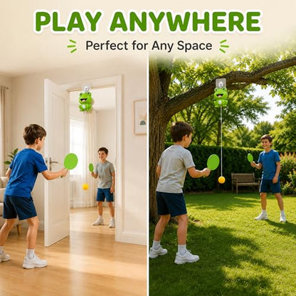 Hanging Table Tennis Trainer Starter Kit, Portable Ping Pong Paddle Set for Kids with Racket and Balls, Parent-Child Door Pong Game Exerciser for Outdoor & Indoor Games