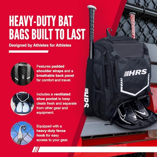 Hit Run Steal Large Baseball/Softball Bat Bag Backpack, Black - 4-Bat Capacity, Helmet and Glove Space, Vented Shoe Pocket, Padded Straps, Bottle Holder, Fence Hook