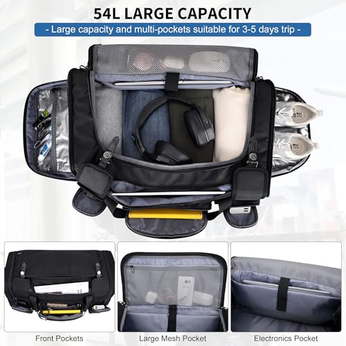 WITZMAN Duffle Bag for Men Large Carry On Weekender Bag 54L Nylon Duffle Gym Bags for Travel with Shoes Compartment(B717 Black)