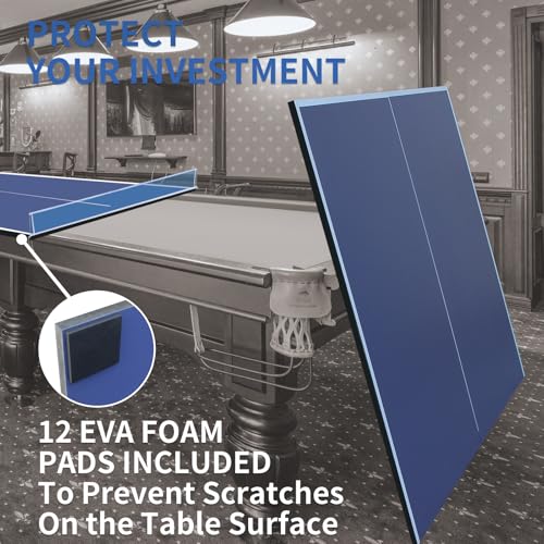 Foldable Ping Pong Table Top for Billiard Table, 9x5FT Table Tennis Table Topper for Pool Table, Indoor Outdoor Portable Table Tennis Conversion Top w/Net & Foam Padding