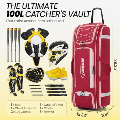 100L Rolling Catchers Gear Bag - Large Baseball & Softball Duffle with 5 Fence Hooks, Locker-Style Organizer, Holds 8 Bats, Vented Shoe Zone - Essential Pro Edition - color: Cardinal Maroon