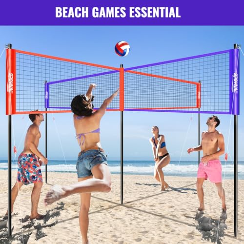 SPOYNAL 14FT 4 Way Volleyball Net Set, 4 Square Volleyball Game Set with Adjustable Height 7/5.3/3.5 FT, Outdoor Games for Backyard, Beach, Park with Volleyball & Carry Bag