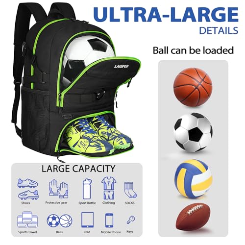 LARIPOP Soccer Backpack with Ball Holder & Shoe Compartment Large Capacity Youth Sports Bag for Training - color: Lemon Green