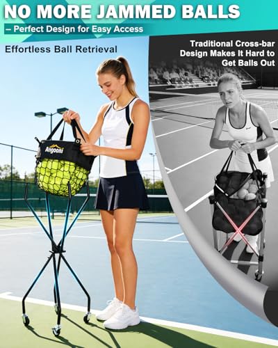 Angooni Upgraded Tennis Ball Hopper for 150 Balls, Tennis Cart with Wheels & Storage Bag, Lightweight Foldable Pickleball Cart, Ideal Gift for Training, Teaching & Family Play