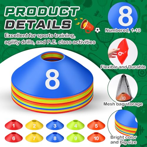 10 Pcs Numbered Sports Disc Cones 1-10 Soccer Cones with Mesh Carry Bag Flexible Agility Cones Soft Field Cones for Gym PE Classes School Activities Games, Sports Training Equipment