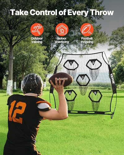 VEVOR 6x6ft Football Trainer Throwing Net, Training Throwing Target Practice Net with 5 Target Pockets,Football Training Equipment Includes Portable Carry Case,Great for Quarterback - color: Black