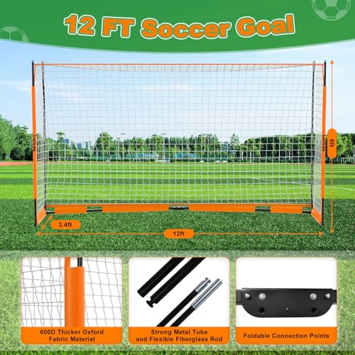 Soccer Goal, 12×6 ft /16×7 ft Portable Soccer Goals Net for Backyard, Quick Setup Training Equipment with 1 Carry Bag, 4 Ground Nails, 12 Training Cones - color: 12×6FT Orange