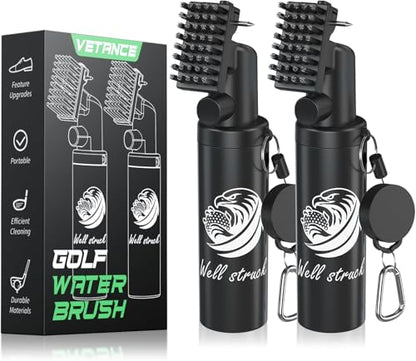 Vetance 2 Pack Pro Golf Club Cleaner - 4oz Water Bottle with Groove Cleaner and Retainer Clip, Durable Nylon Bristles for Easy Cleaning, Ergonomic Button Design, Golf Gifts for Men (Black)