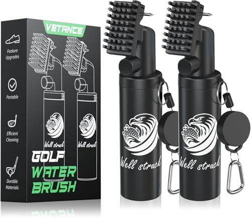 Vetance 2 Pack Pro Golf Club Cleaner - 4oz Water Bottle with Groove Cleaner and Retainer Clip, Durable Nylon Bristles for Easy Cleaning, Ergonomic Button Design, Golf Gifts for Men (Black)