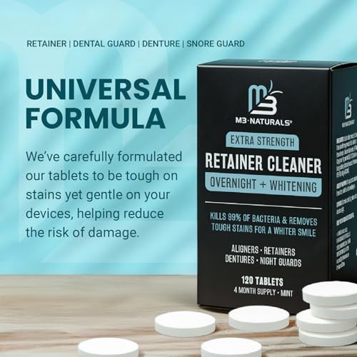 Overnight + Whitening Retainer Cleaner, Remove Stains, Discoloration, and Plaque | 4 Month Supply | Denture Cleanser with Whitening Boost,120 Tablets by M3 - size: Overnight Whitening (120 Count)