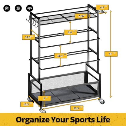SOYEEZE Sports Equipment Organizer- Ball Storage for Garage,4 Tiers Outdoor Toy Storage,Soccer Racks,Basketball Shooting Training Stand Cart with Wheels and Hooks for Home-School and Gym Use - style: 4 Tiers