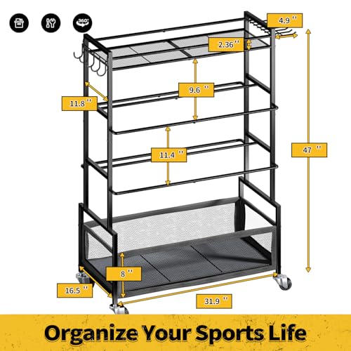 SOYEEZE Sports Equipment Organizer- Ball Storage for Garage,4 Tiers Outdoor Toy Storage,Soccer Racks,Basketball Shooting Training Stand Cart with Wheels and Hooks for Home-School and Gym Use - style: 4 Tiers