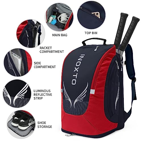INOXTO 40L Tennis Backpack for Men & Women, Large Pickleball Bag With Independent Shoe Storage, Waterproof & Breathable, Holds 2 Tennis Rackets for Badminton, Travel & Camping - color: dark blue with red