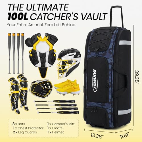 100L Rolling Catchers Gear Bag for Baseball Softball, Tactical Strike Edition, Fits Full Set & 8 Bats, All-Terrain Wheels, Stand-Up Base, Vented Shoe Zone, Reflective Strip, Fence Hooks