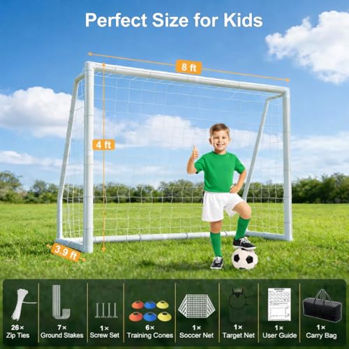 MOPHOTO Soccer Goal for Backyard, 6x4ft/8X6ft/10X6.5ft/12X6ft PVC Soccer Goal with Training Cones & Target Net, Lightweight Soccer Practice Net for Teens - size: 8x6ft, style: Foldable