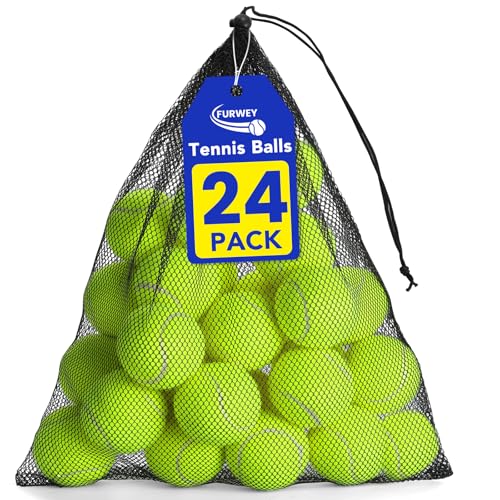 FURWEY Tennis Balls, 12/24/36/80 Pack Bulk Tennis Balls Pressureless Tennis Ball, Come with Mesh Bag for Easy Transport,Pet Dog Playing Balls, Good for Beginner Training Ball - size: 24P