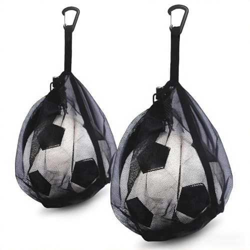 2Pcs Single Mesh Ball Bag for Basketball Soccer & Volleyball, Lightweight Net Storage with Zipper Pocket for Sports, Portable Drawstring Bags with Hanging Clip for Men, Women & Athletes, Black - color: Black-2PC
