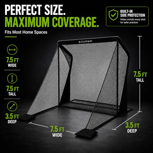 Golf Practice Net – Compact Golf Hitting Net with Steel Frame and Side Net Protection – Indoor & Outdoor Golf Training Net for Backyard, Garage, or Simulator Use 7.5 & 10 ft - size: 7.5 Feet Wide