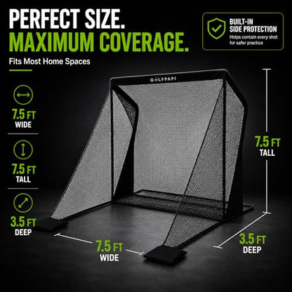 Golf Practice Net – Compact Golf Hitting Net with Steel Frame and Side Net Protection – Indoor & Outdoor Golf Training Net for Backyard, Garage, or Simulator Use 7.5 & 10 ft - size: 7.5 Feet Wide