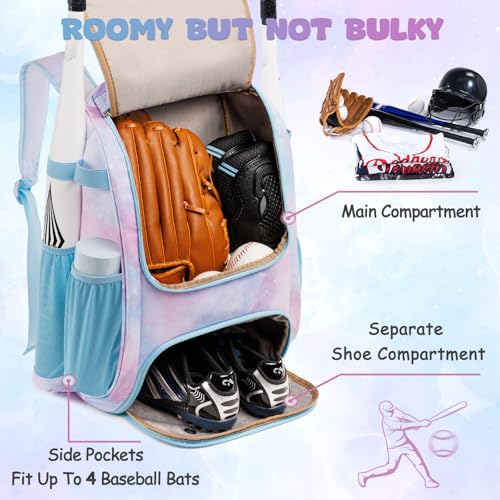 Youth Baseball Bag Backpack with Bat Holder for Boys Girls Baseball & Softball Bat Bag for T-Ball Equipment, Kids Baseball Backpack with Shoe Compartment & Glove Storage - color: Pastel Galaxy