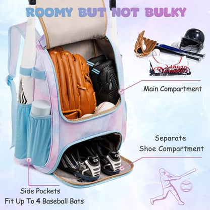 Youth Baseball Bag Backpack with Bat Holder for Boys Girls Baseball & Softball Bat Bag for T-Ball Equipment, Kids Baseball Backpack with Shoe Compartment & Glove Storage - color: Pastel Galaxy