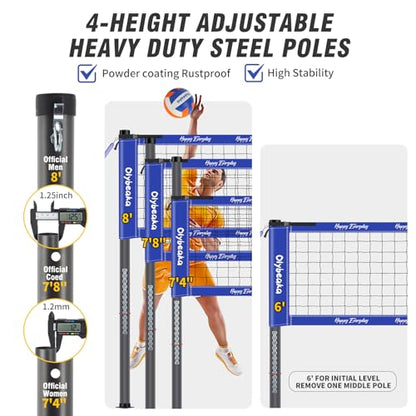 32ft Outdoor Portable Volleyball Net Set for Backyard Beach with Adjustable Heavy Duty Poles, 28-ply Durable Net, PU Volleyball & Pump, Carry Bag (Blue, 32ft)