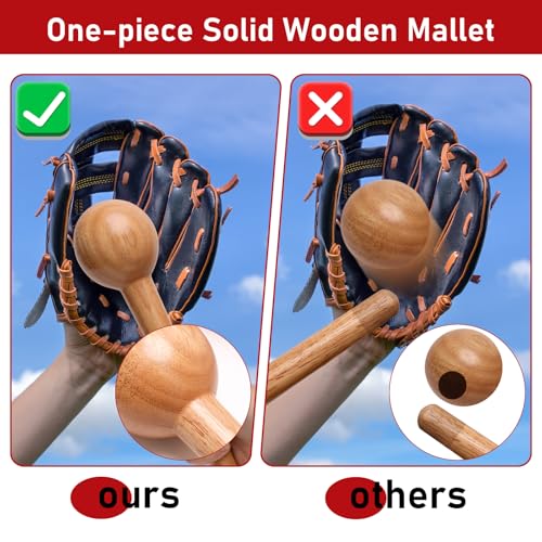 Baseball Glove Break in Kit, One-Piece Solid Wooden Baseball Glove Mallet and Three Colors Glove Wrap Straps for Baseball Glove and Softball Glove, Fit Adult Youth Kids Catcher Mitt - color: red