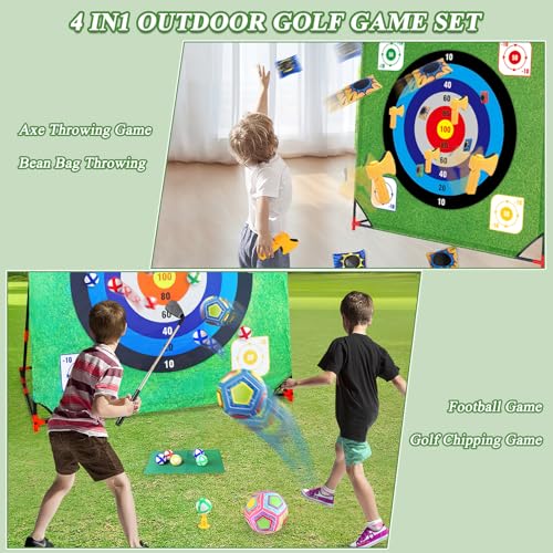 Mostop Golf Chipping Game with Stand - Golf Target Battle Game with Putting Mat, 12 Sticky Balls, 6 Axes, 2 Soccer Balls, 8 Bean Bags, Outdoor Golf Yard Game for Chipping Practice for Dads Golfers