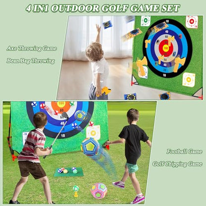 Mostop Golf Chipping Game with Stand - Golf Target Battle Game with Putting Mat, 12 Sticky Balls, 6 Axes, 2 Soccer Balls, 8 Bean Bags, Outdoor Golf Yard Game for Chipping Practice for Dads Golfers