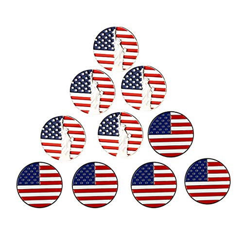 Lot of 10 Golf Ball Markers Assorted Patterns - Soft Enamel Technique - color: USA Flag and Statue of Liberty